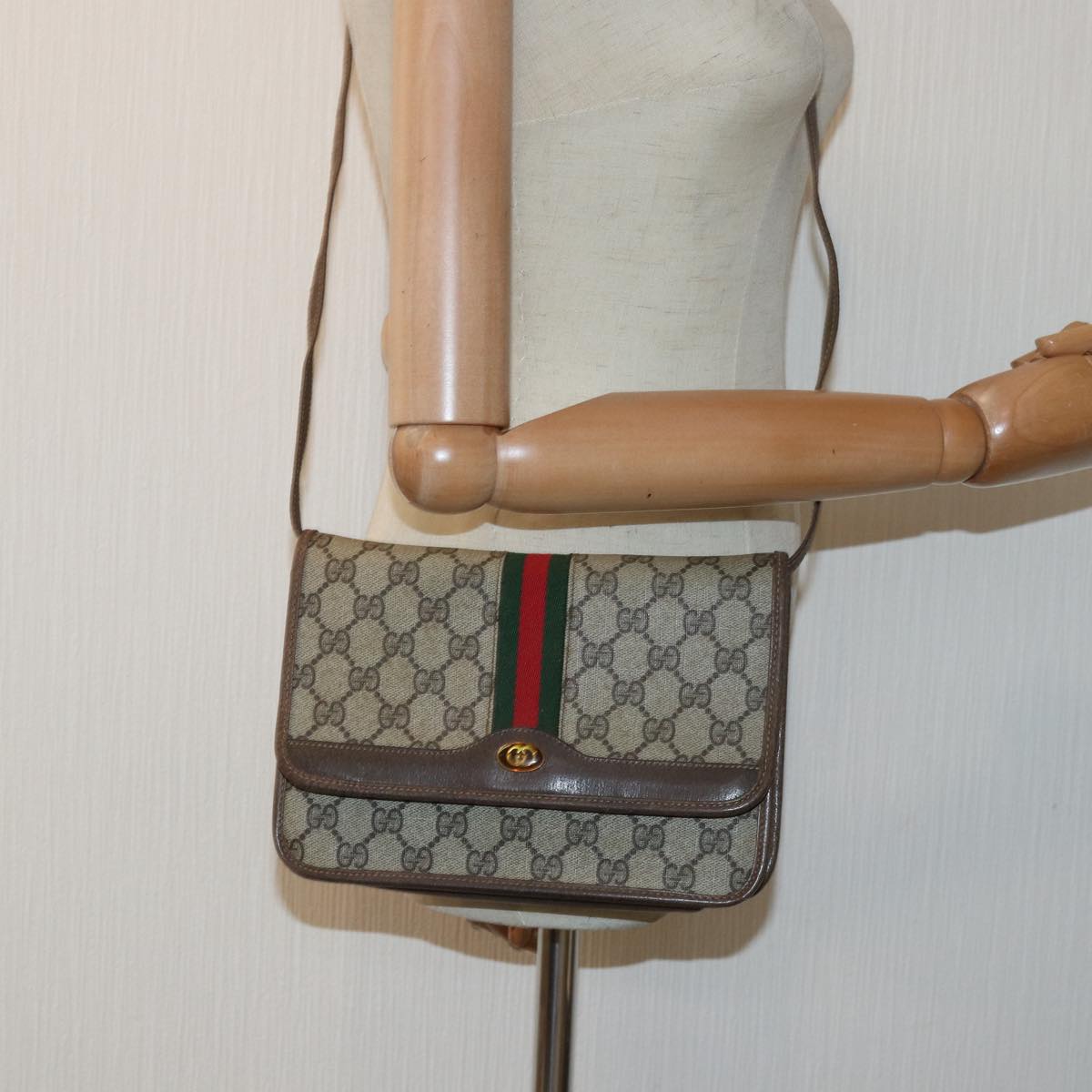 GUCCI GG Supreme Web Sherry Line Shoulder Bag PVC Leather Beige Red Auth 81049