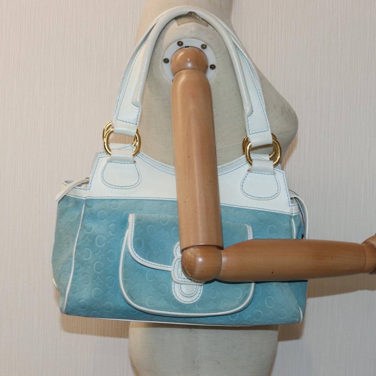 CELINE C Macadam Canvas Hand Bag Suede Light Blue Auth 81050