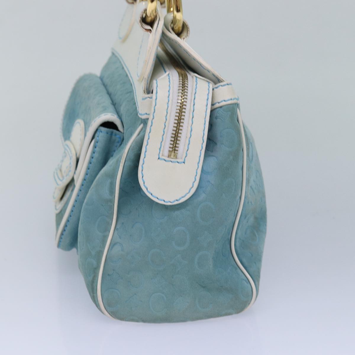 CELINE C Macadam Canvas Hand Bag Suede Light Blue Auth 81050