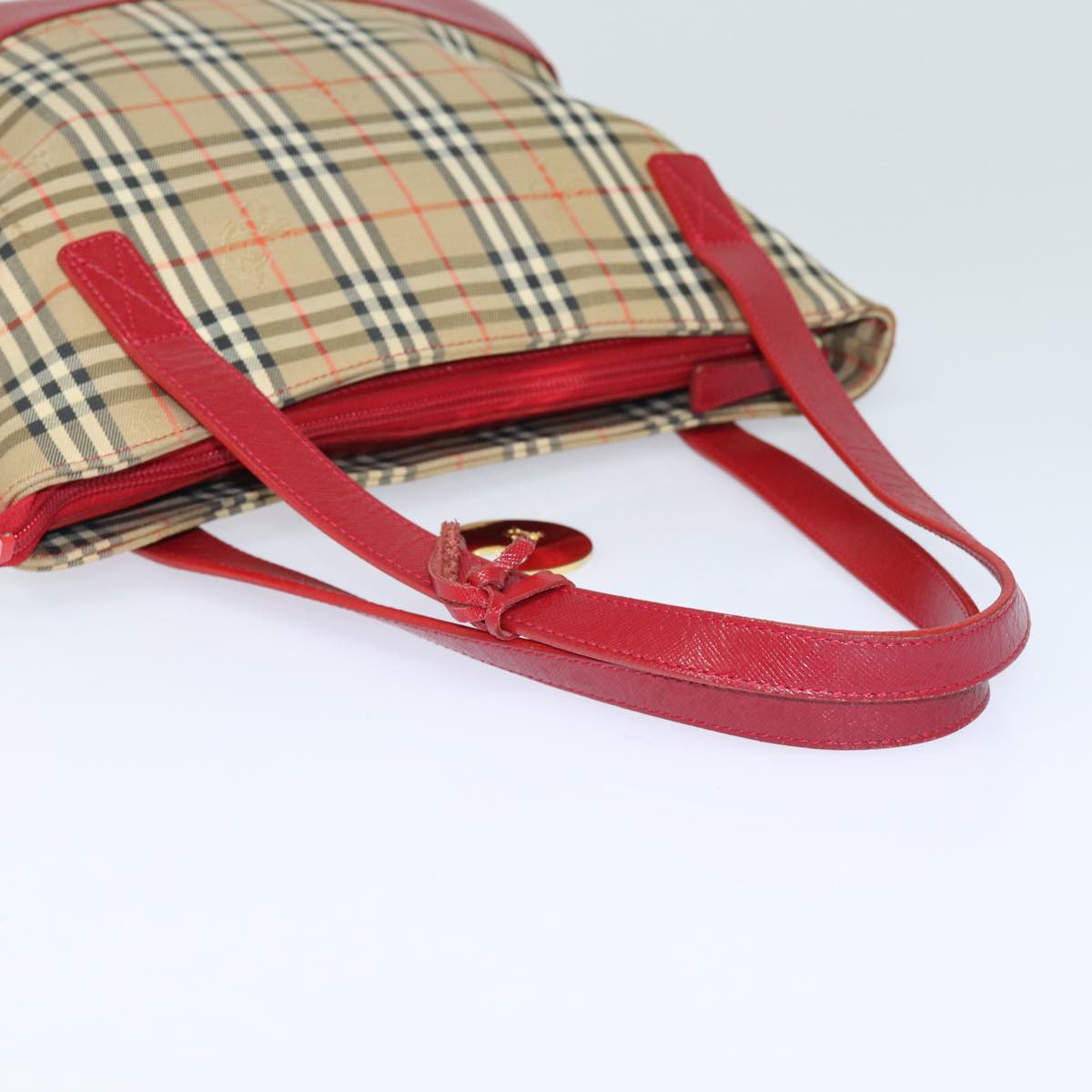 BURBERRY Nova Check Tote Bag Canvas Beige Red Auth 81053