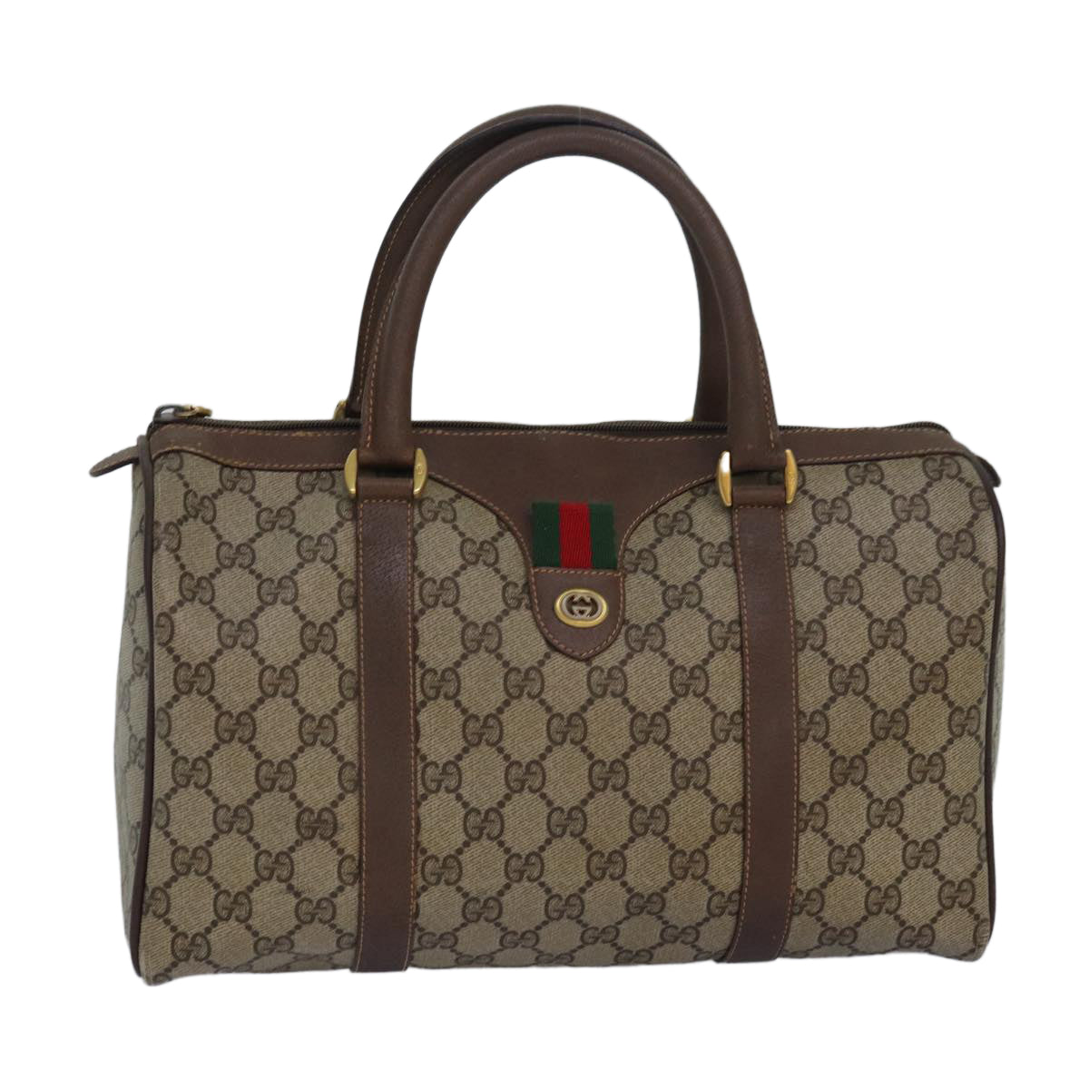 GUCCI GG Supreme Web Sherry Line Boston Bag PVC Leather Beige Auth 81054