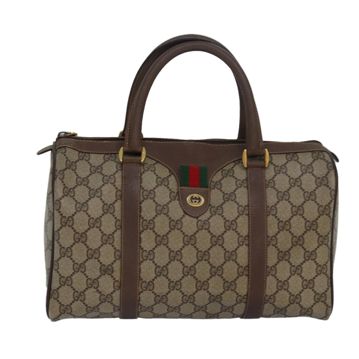 GUCCI GG Supreme Web Sherry Line Boston Bag PVC Leather Beige Auth 81054