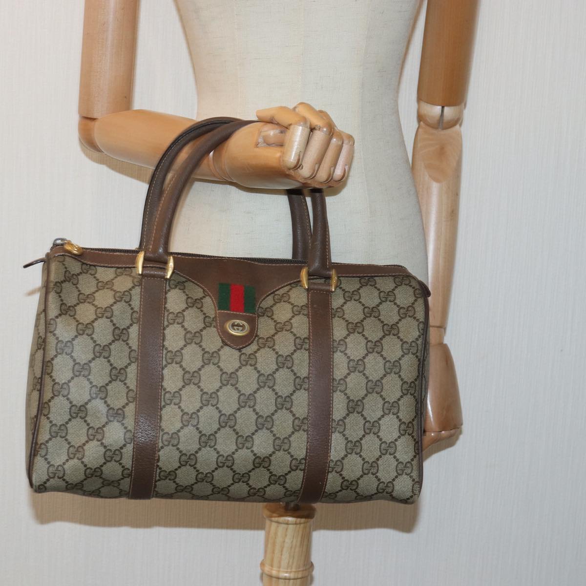 GUCCI GG Supreme Web Sherry Line Boston Bag PVC Leather Beige Auth 81054