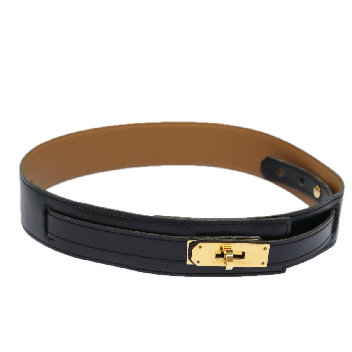 HERMES Kelly Belt Leather 33.9"" Black Auth 81121