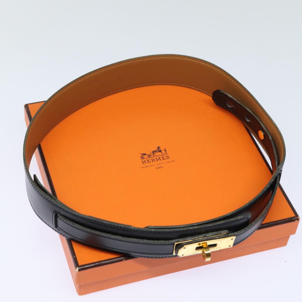 HERMES Kelly Belt Leather 33.9"" Black Auth 81121