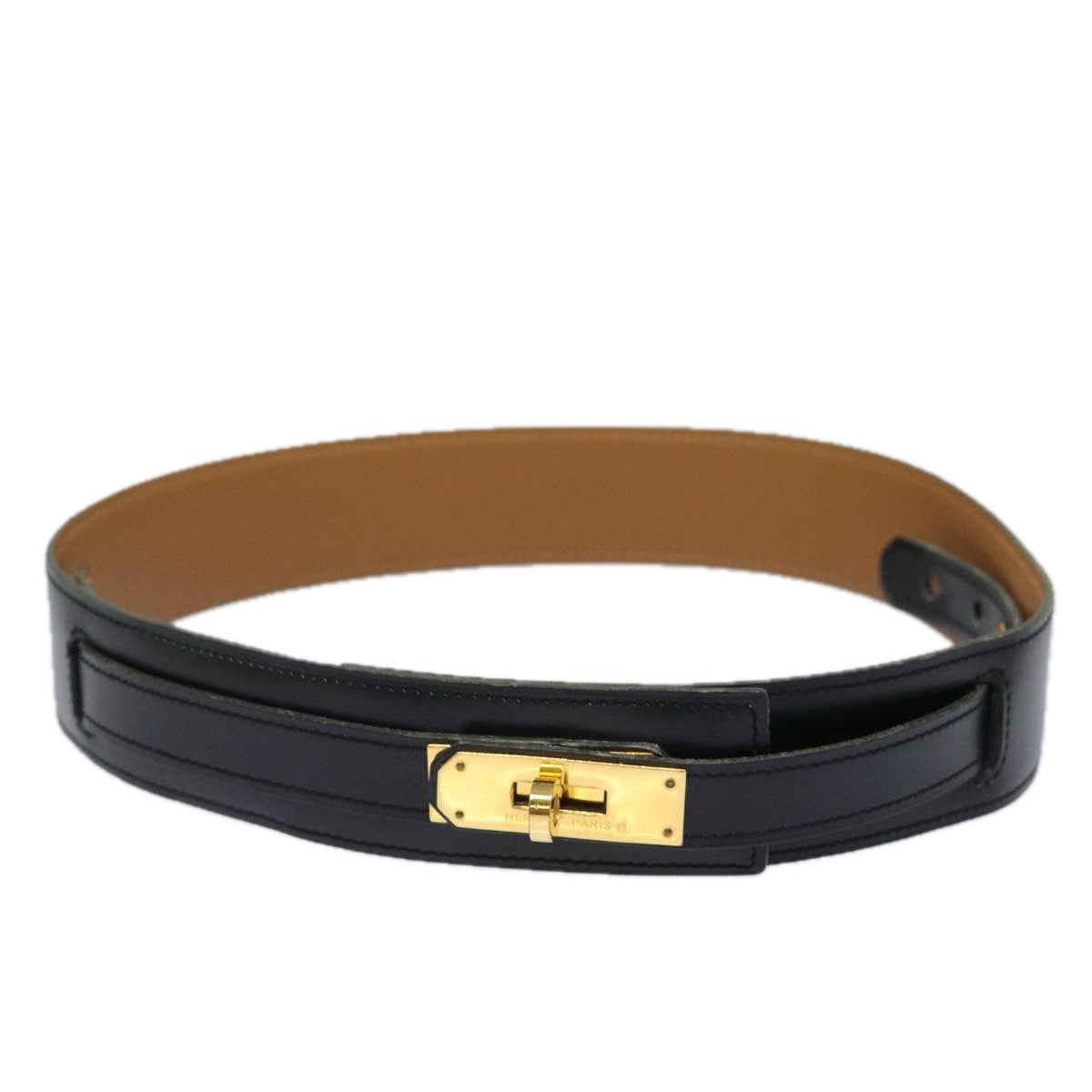 HERMES Kelly Belt Leather 33.9"" Black Auth 81121