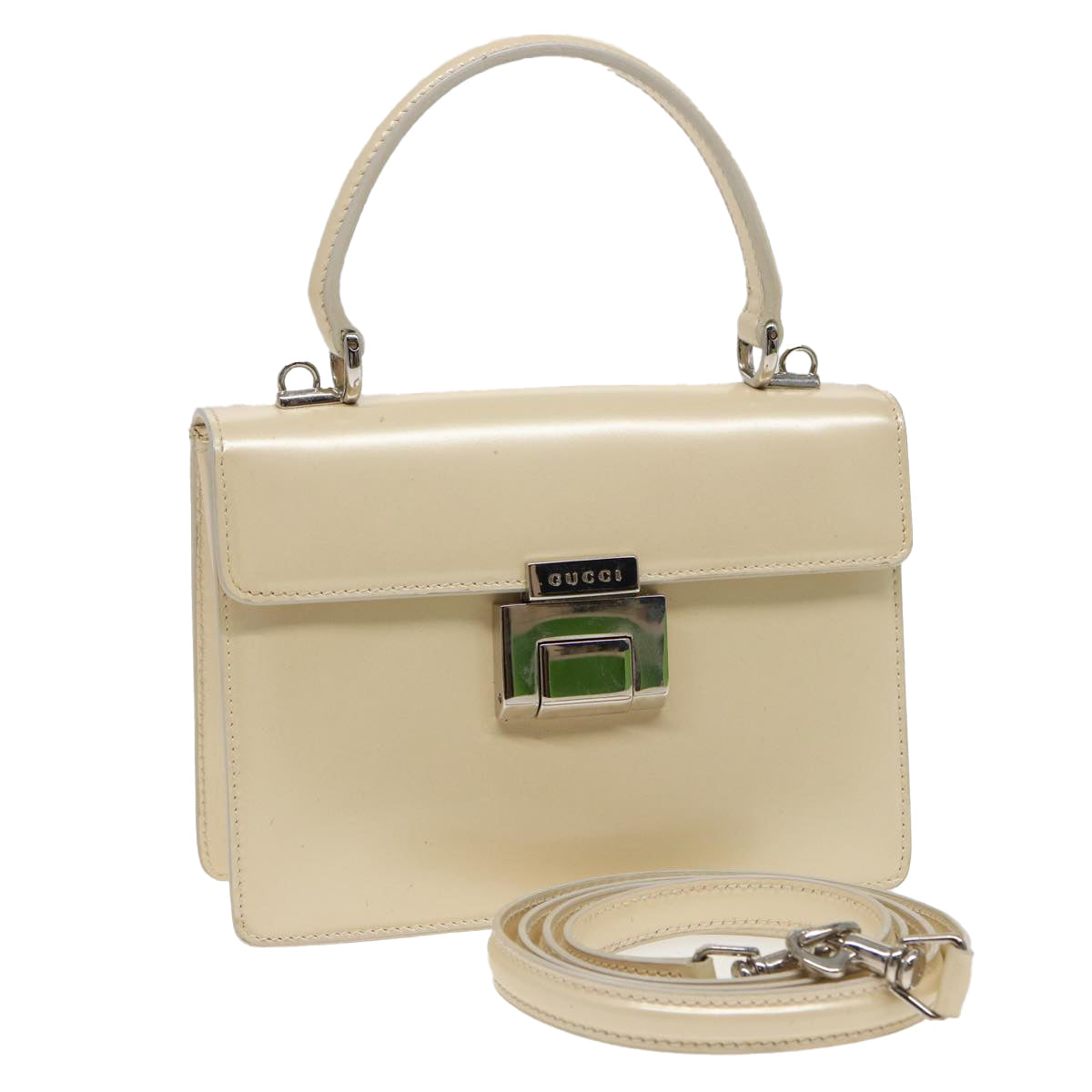 GUCCI Hand Bag Leather 2way Cream Auth 81160