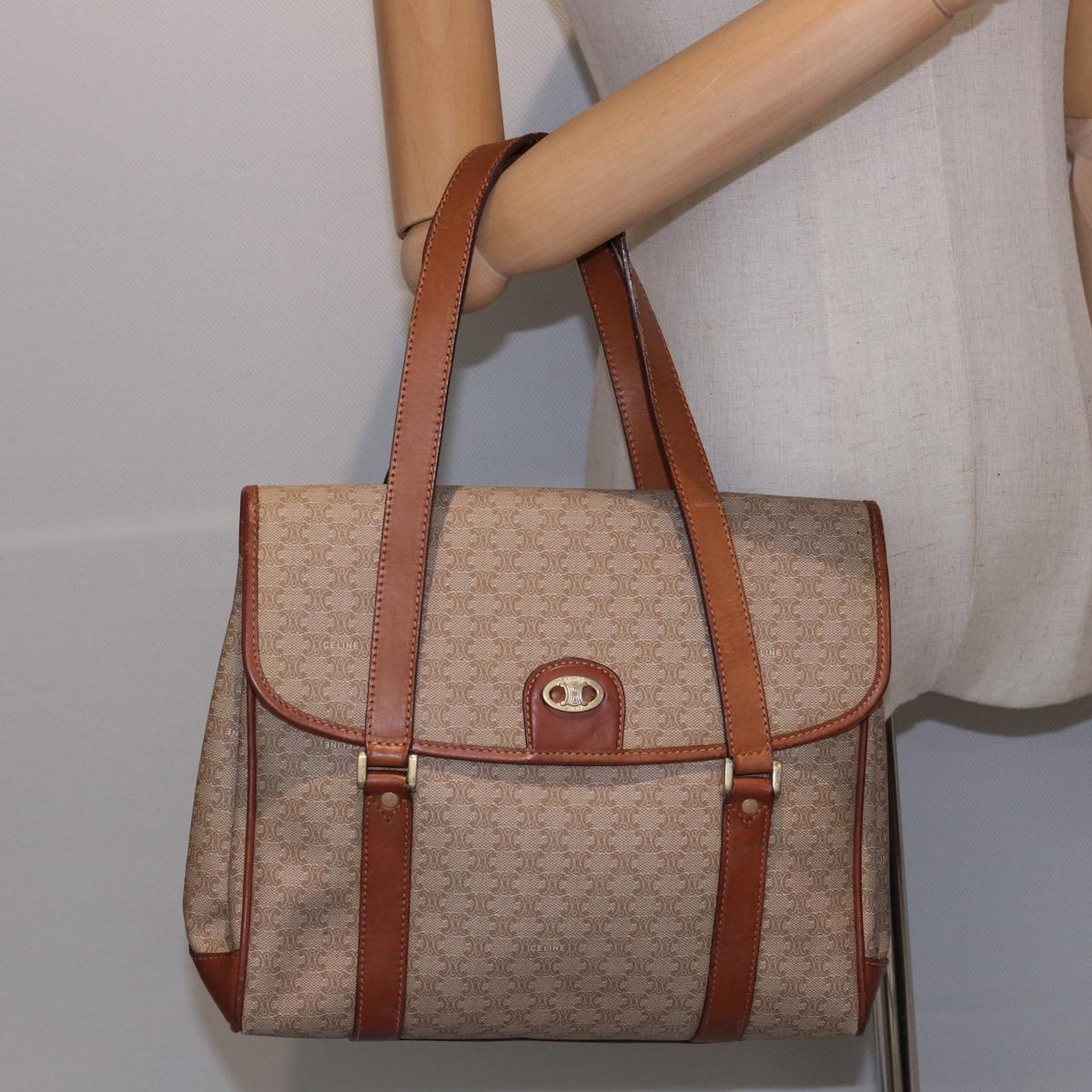 CELINE Macadam Canvas Hand Bag Beige Auth 81193