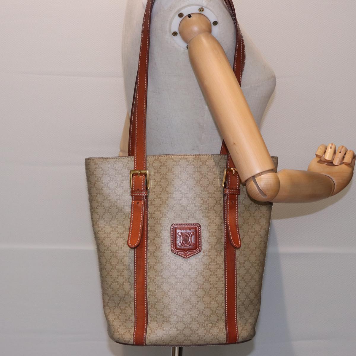 CELINE Macadam Canvas Shoulder Bag Beige Auth 81194