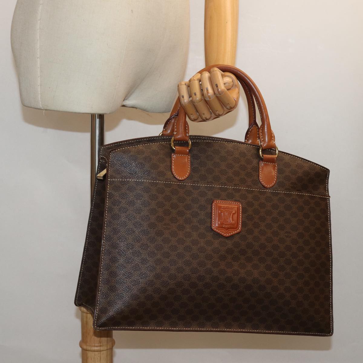 CELINE Macadam Canvas Hand Bag PVC Leather Brown Auth 81195