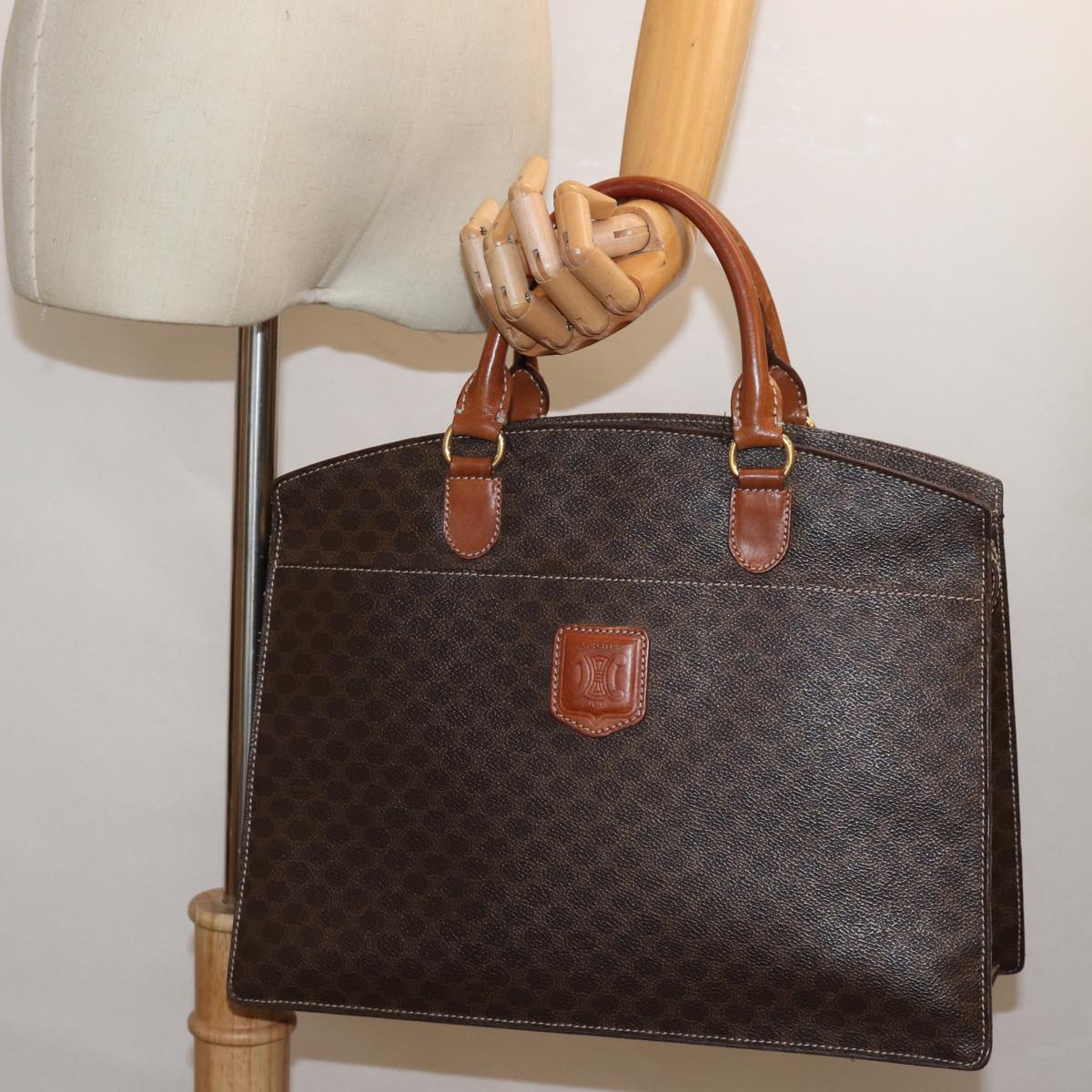 CELINE Macadam Canvas Hand Bag PVC Leather Brown Auth 81196