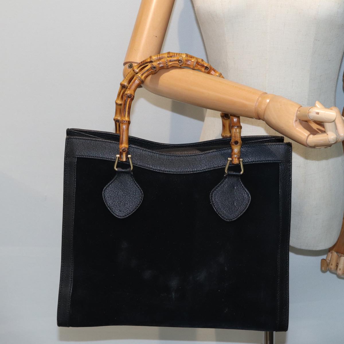 GUCCI Bamboo Hand Bag Suede Leather Black 002 2853 Auth 81197