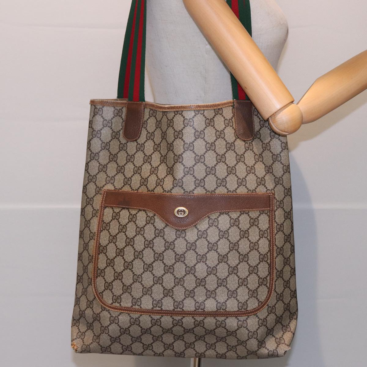 GUCCI GG Supreme Web Sherry Line Tote Bag PVC Leather Beige 89 02 003 Auth 81209