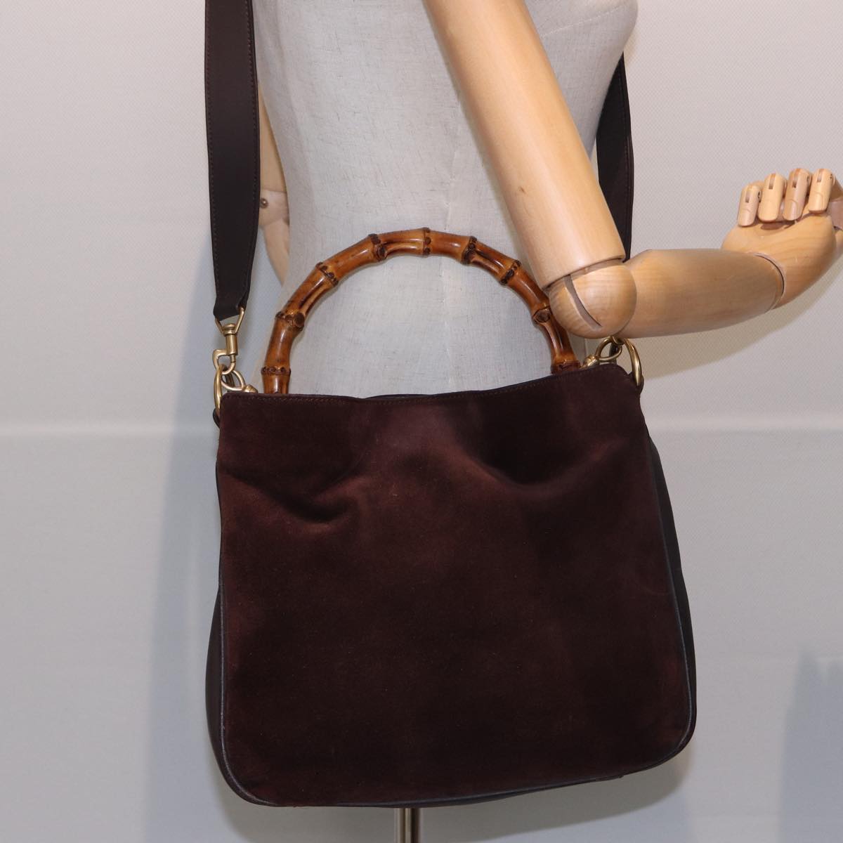 GUCCI Bamboo Shoulder Bag Suede 2way Brown 001 1638 2615 Auth 81326