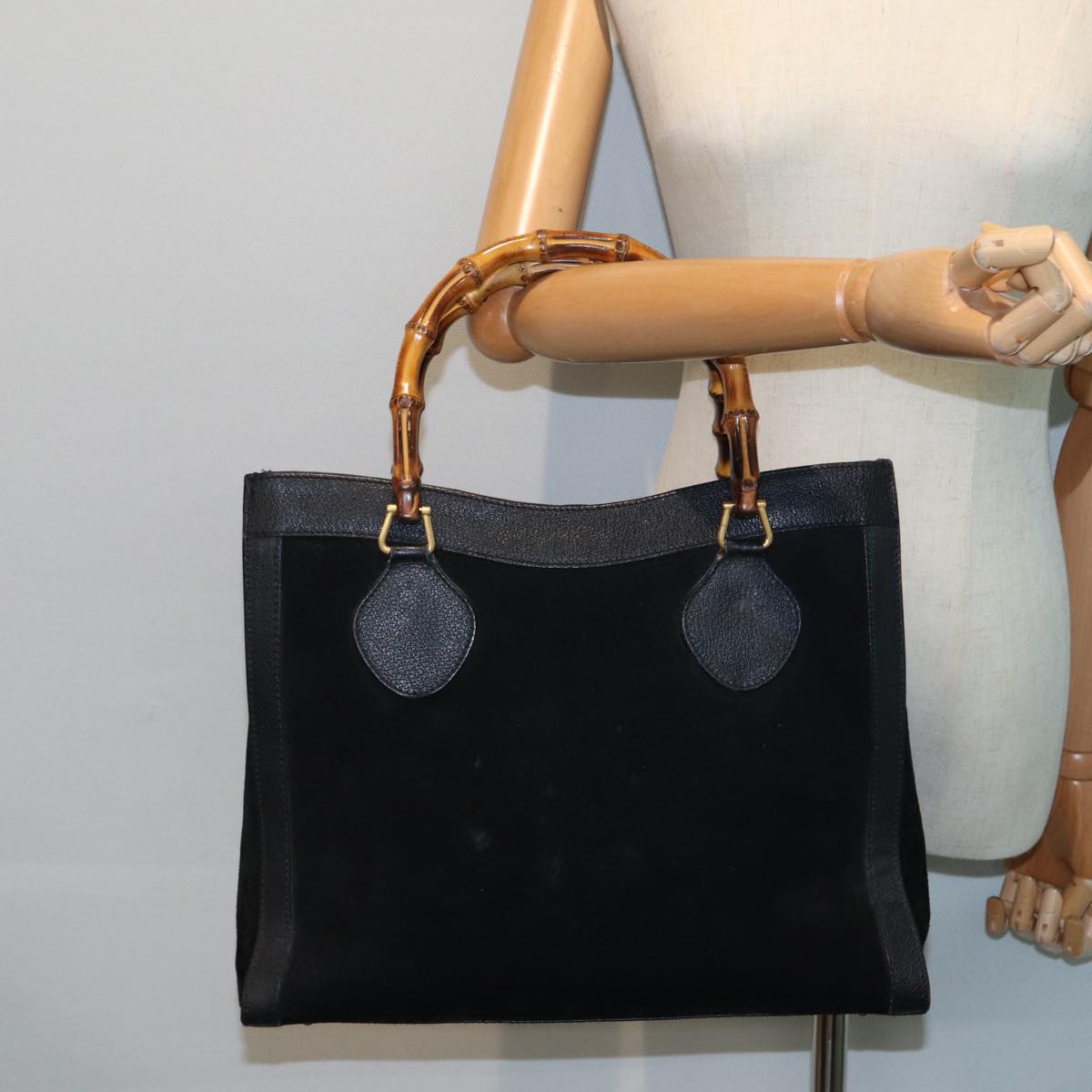 GUCCI Bamboo Hand Bag Suede Leather Black 002 1186 0260 Auth 81329