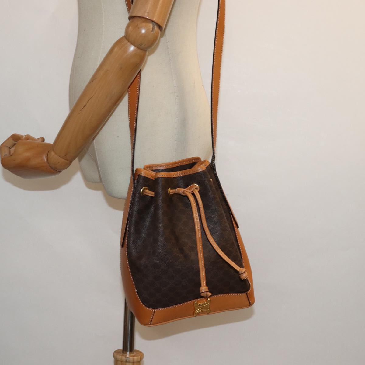 CELINE Macadam Canvas Shoulder Bag PVC Leather Brown Auth 81367