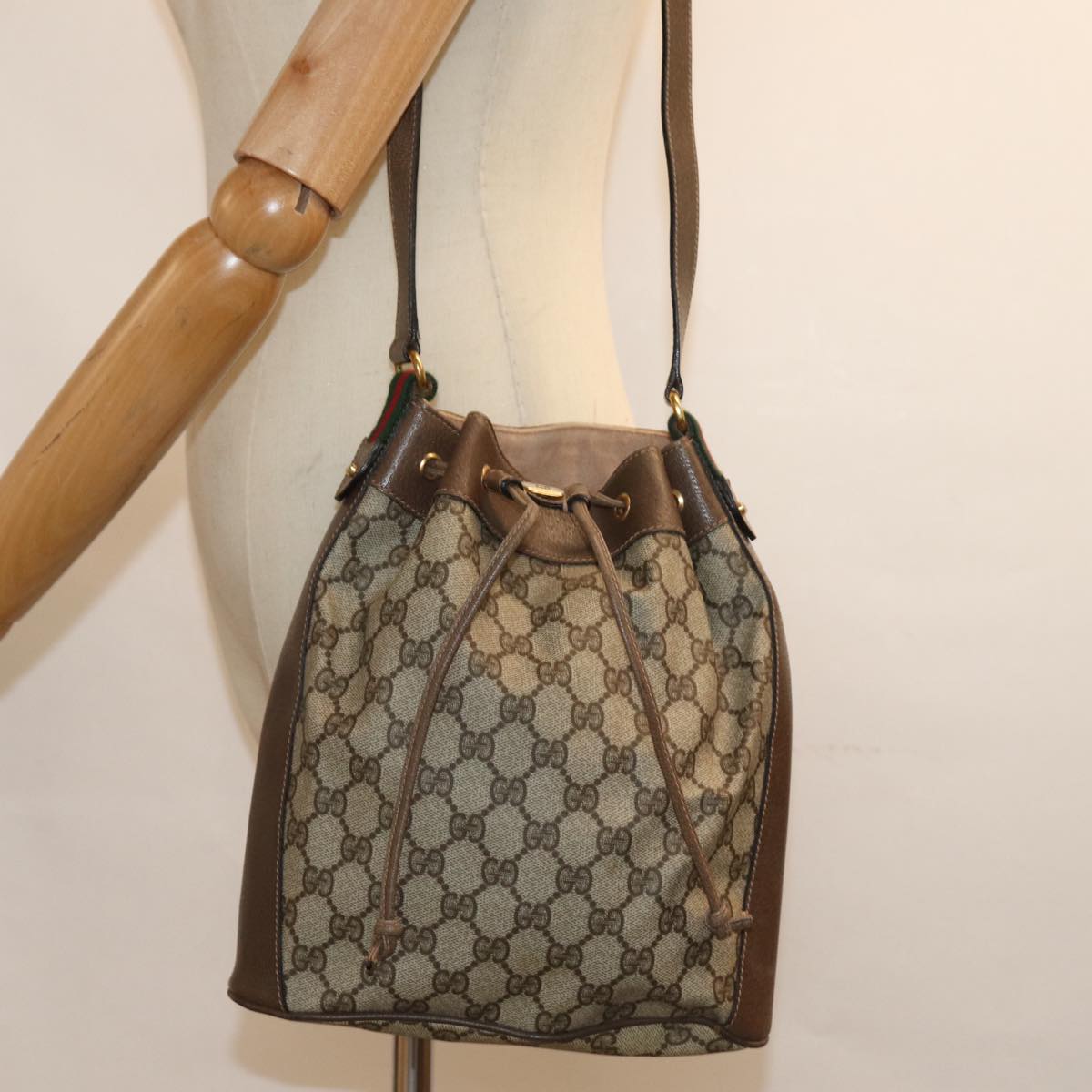 GUCCI GG Supreme Web Sherry Line Shoulder Bag PVC Beige 41 02 034 Auth 81369