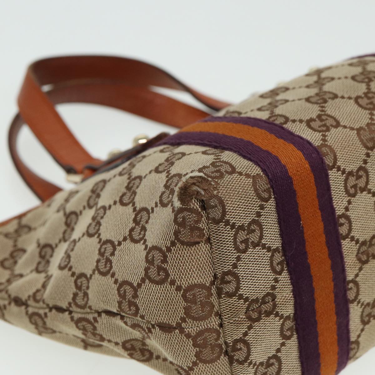 GUCCI GG Canvas Sherry Line Hand Bag Beige Purple 139261 Auth 81370