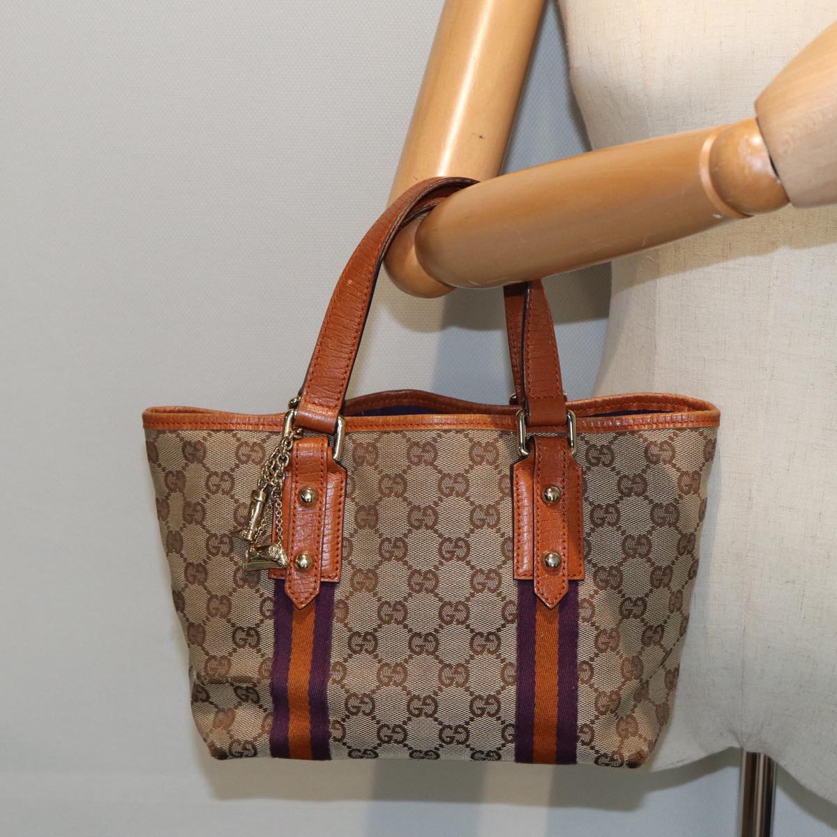 GUCCI GG Canvas Sherry Line Hand Bag Beige Purple 139261 Auth 81370