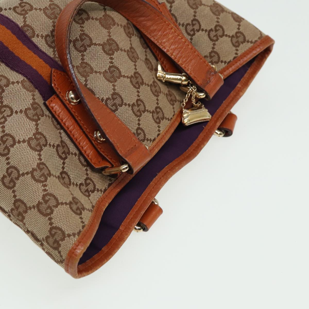 GUCCI GG Canvas Sherry Line Hand Bag Beige Purple 139261 Auth 81370