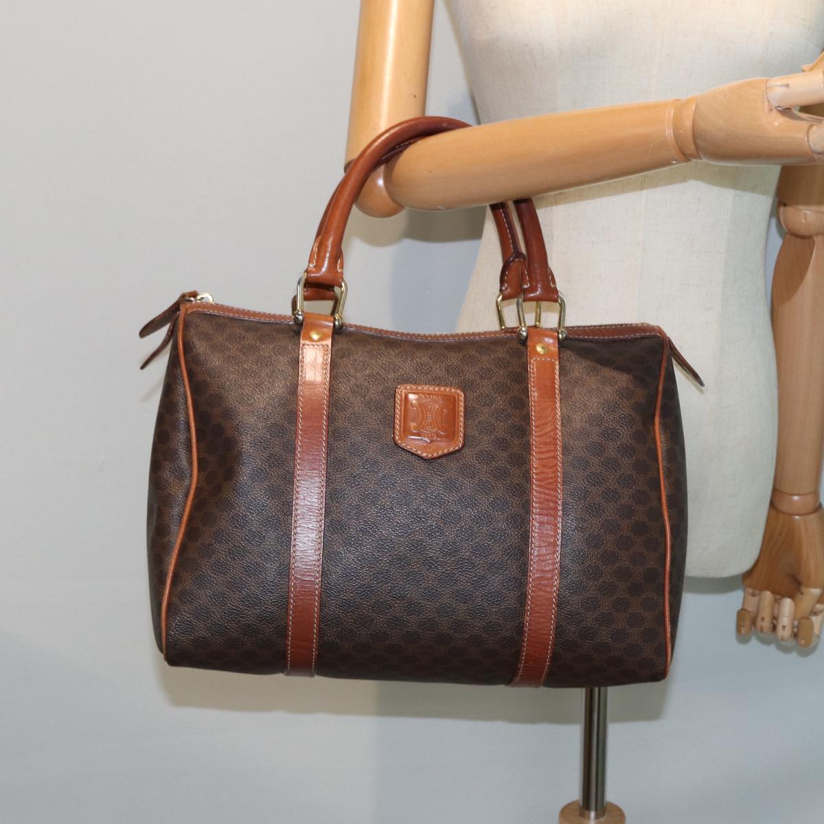 CELINE Macadam Canvas Boston Bag PVC Leather Brown Auth 81440