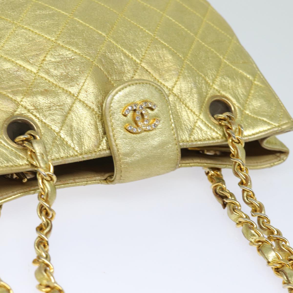 CHANEL Chain Matelasse Shoulder Bag Lamb Skin Gold CC Auth 81441A