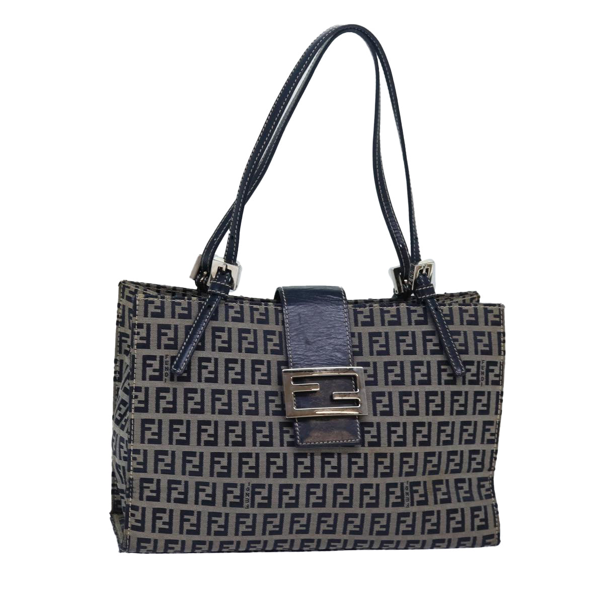 FENDI Zucchino Canvas Mamma Baguette Hand Bag Navy Auth 81442