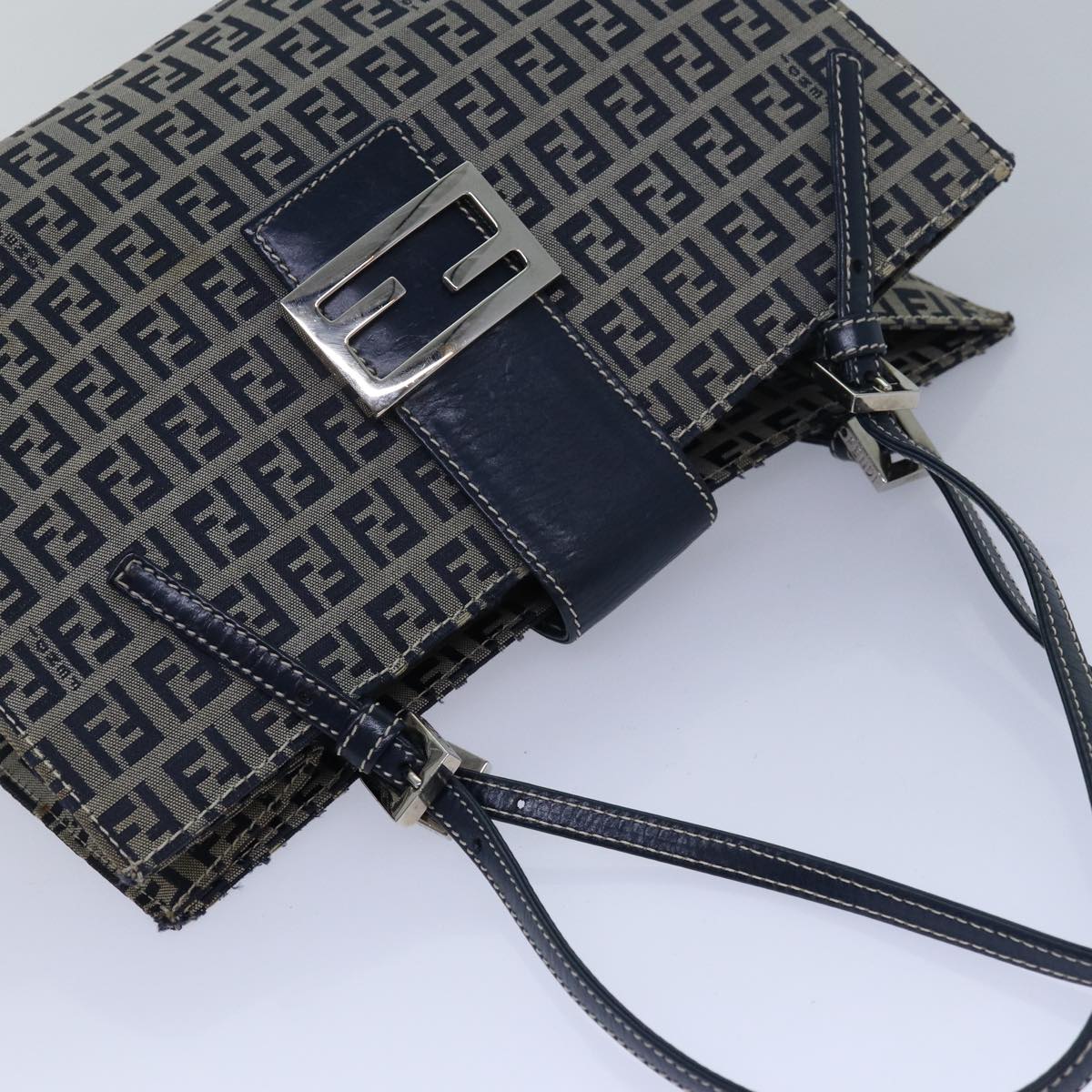 FENDI Zucchino Canvas Mamma Baguette Hand Bag Navy Auth 81442