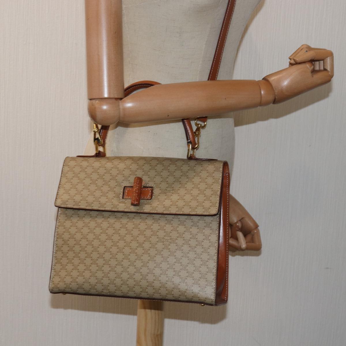 CELINE Macadam Canvas Hand Bag 2way Beige Auth 81450