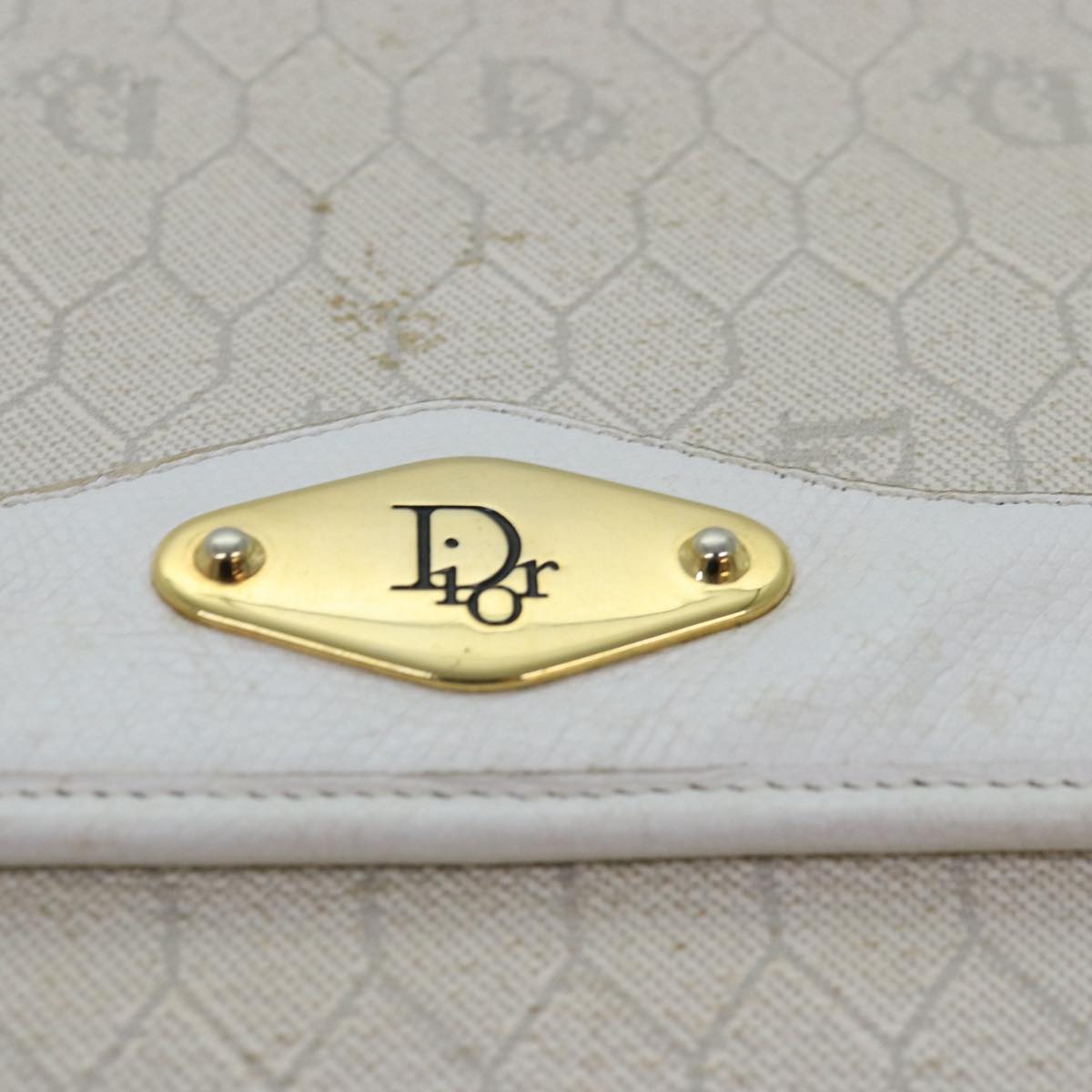 Christian Dior Honeycomb Canvas Chain Shoulder Bag PVC Leather White Auth 81608