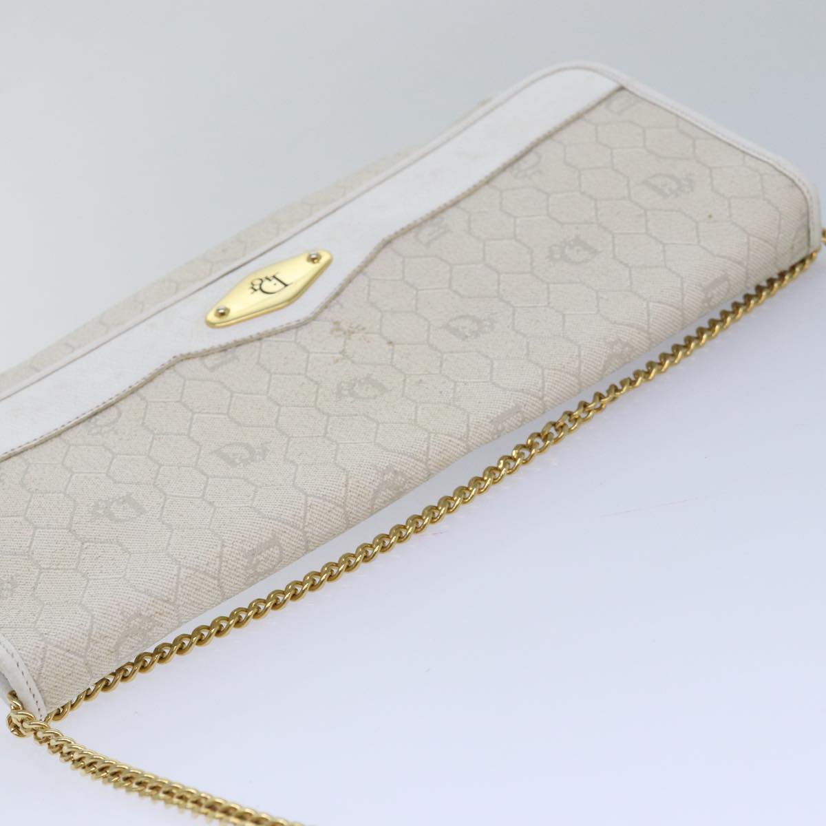 Christian Dior Honeycomb Canvas Chain Shoulder Bag PVC Leather White Auth 81608