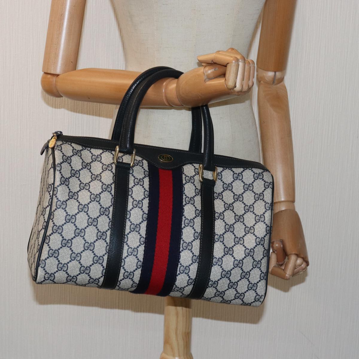 GUCCI GG Supreme Sherry Line Boston Bag PVC Leather Navy Red Auth 81616