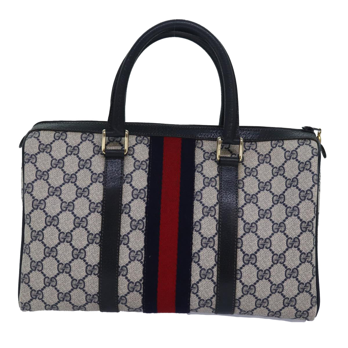 GUCCI GG Supreme Sherry Line Boston Bag PVC Leather Navy Red Auth 81616 - 0