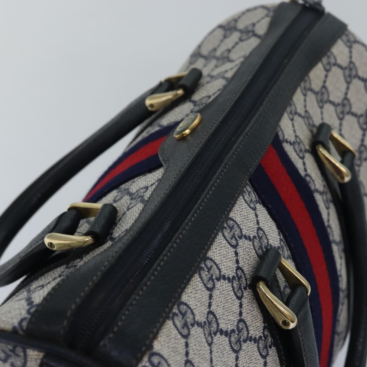 GUCCI GG Supreme Sherry Line Boston Bag PVC Leather Navy Red Auth 81616