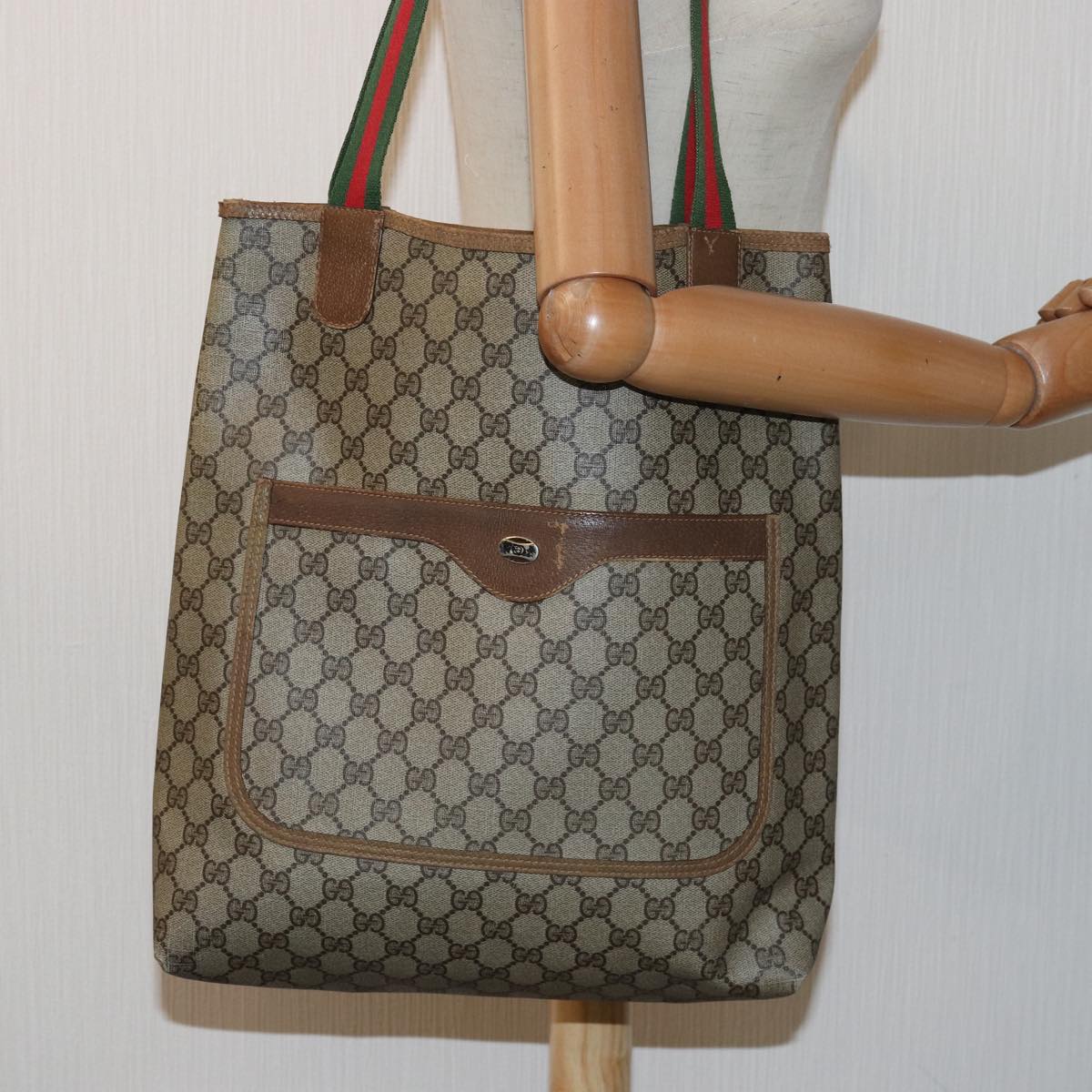 GUCCI GG Supreme Web Sherry Line Tote Bag PVC Leather Beige 39 02 003 Auth 81626