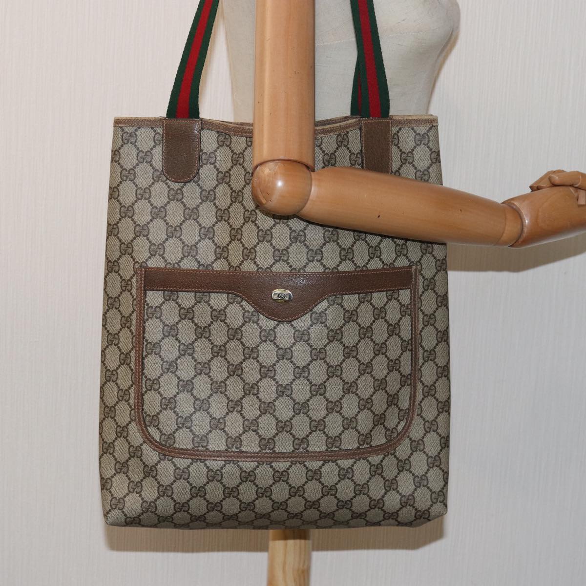 GUCCI GG Supreme Web Sherry Line Tote Bag PVC Leather Beige 39 02 003 Auth 81627