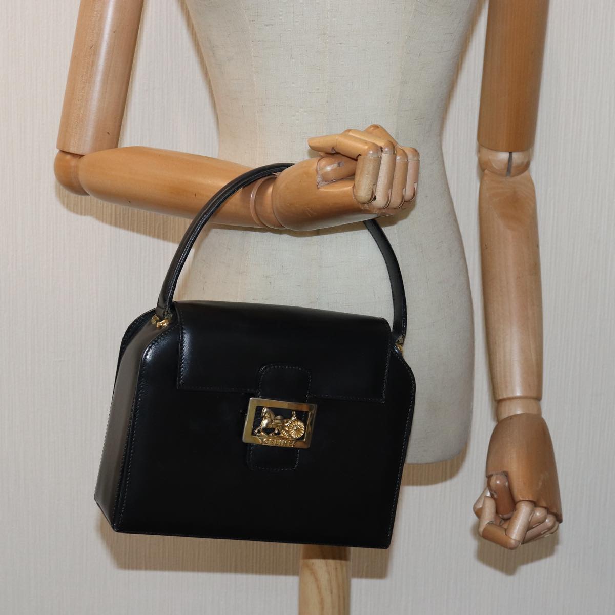 CELINE Hand Bag Leather Black Auth 81636