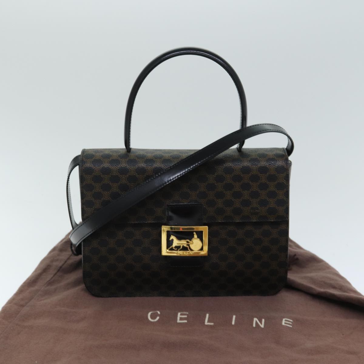 CELINE Macadam Canvas Hand Bag PVC Leather 2way Black Auth 81637