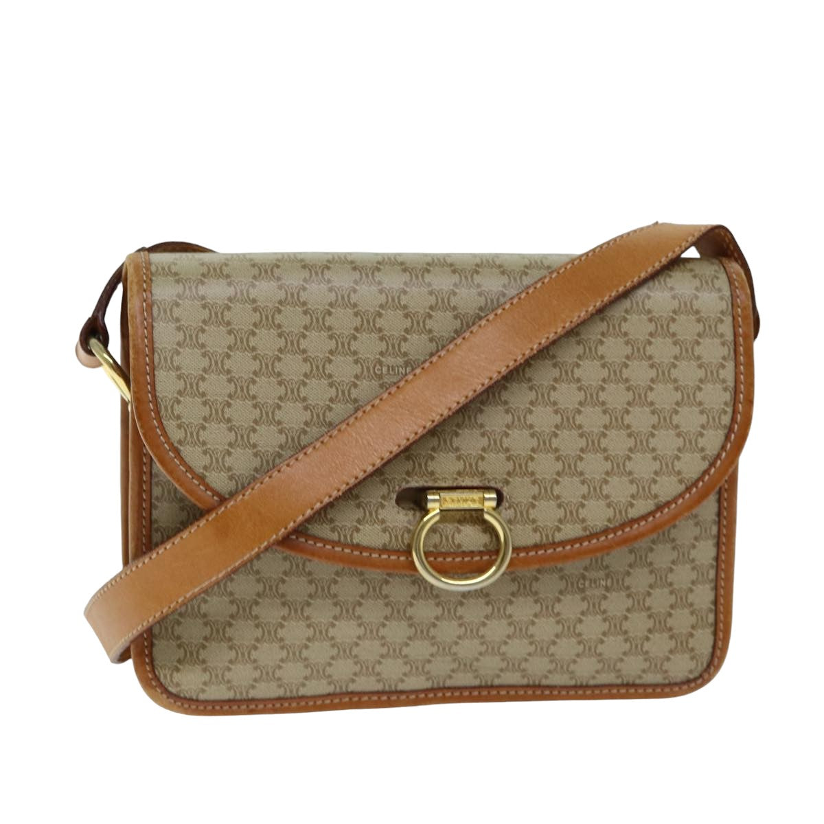 CELINE Macadam Canvas Shoulder Bag Beige Auth 81639