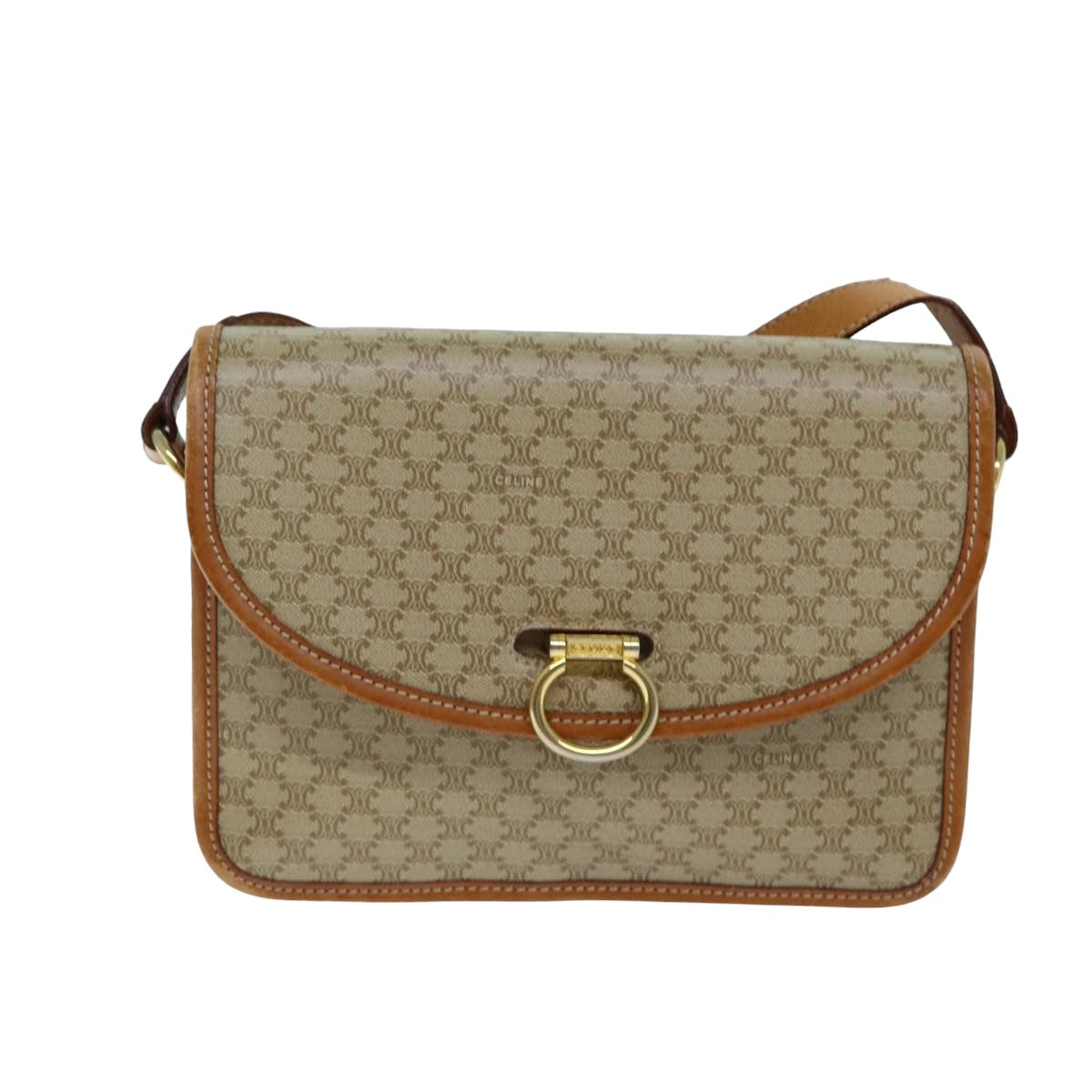 CELINE Macadam Canvas Shoulder Bag Beige Auth 81639