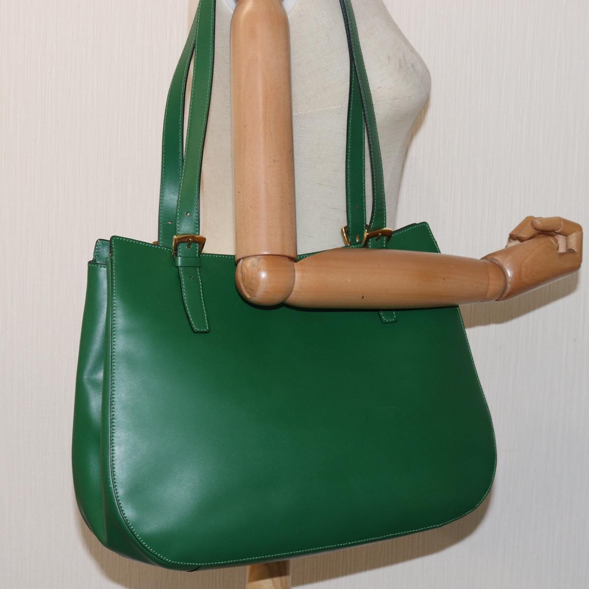 CELINE Shoulder Bag Leather Green Auth 81640