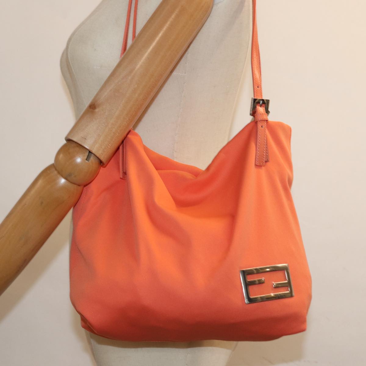 FENDI Mamma Baguette Shoulder Bag Nylon Orange Auth 81641