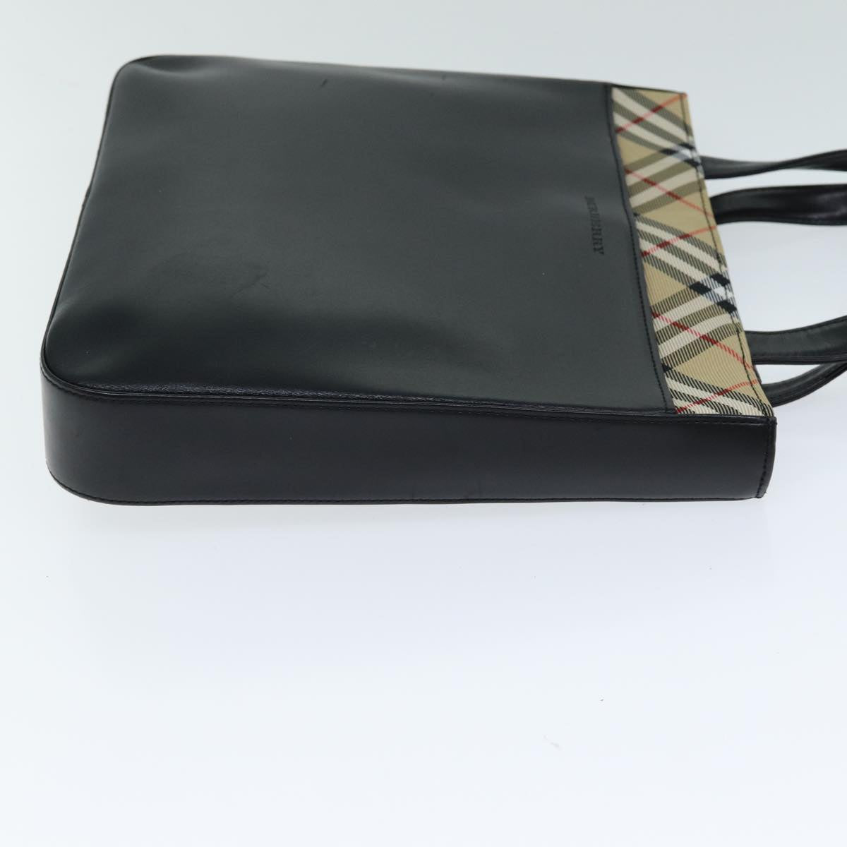 BURBERRY Nova Check Hand Bag Leather Canvas Black Beige Auth 81655