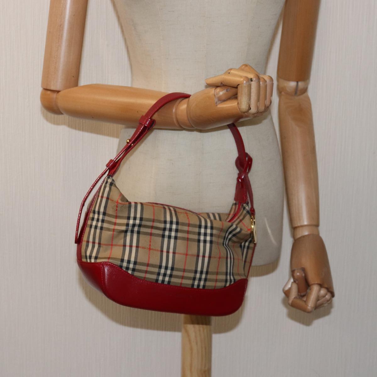 BURBERRY Nova Check Hand Bag Canvas Beige Red Auth 81660