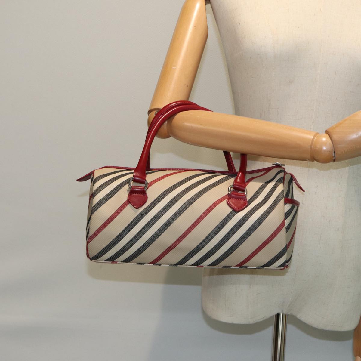 BURBERRY Blue Label Hand Bag Canvas Red Beige Auth 81661