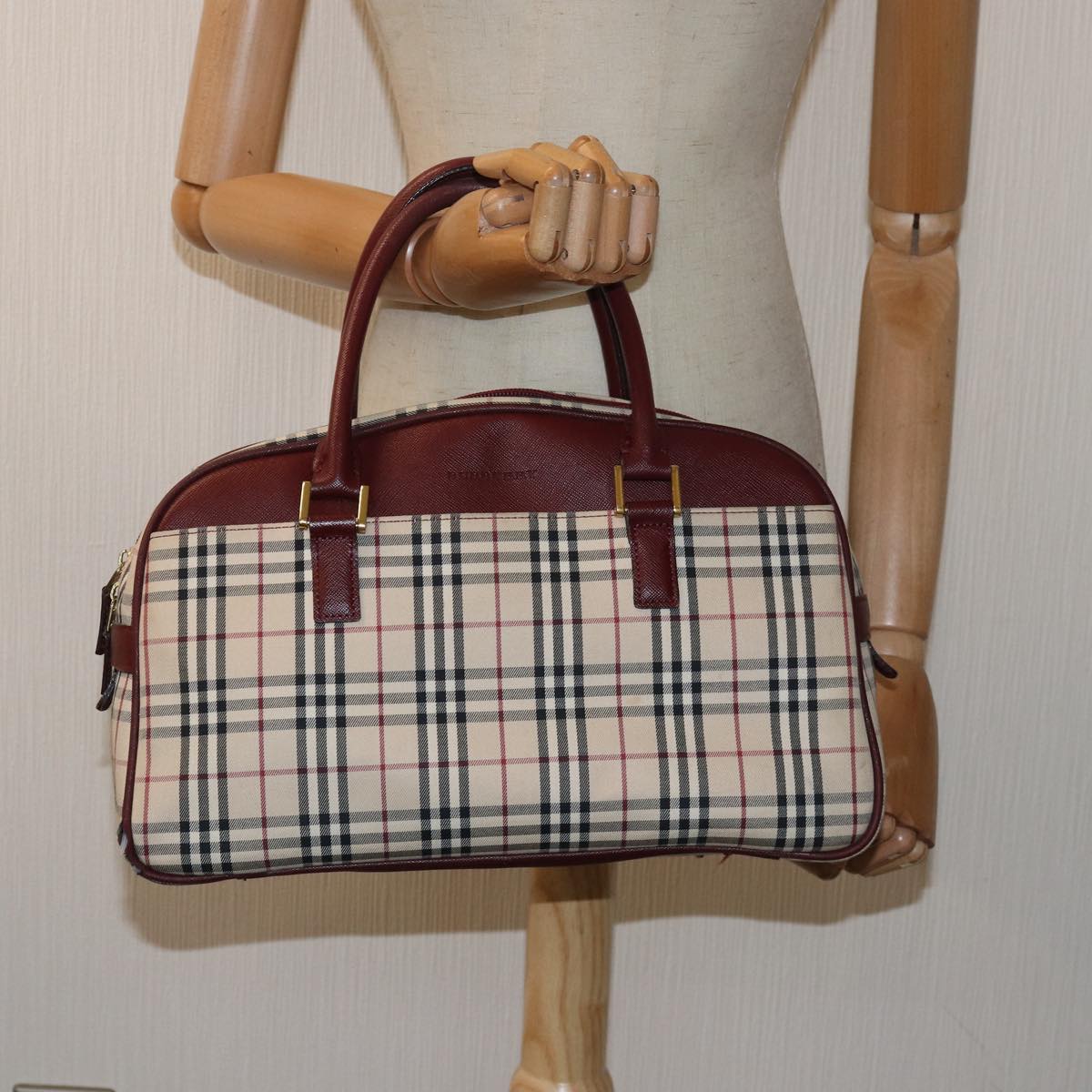 BURBERRY Nova Check Boston Bag Canvas Beige Auth 81663