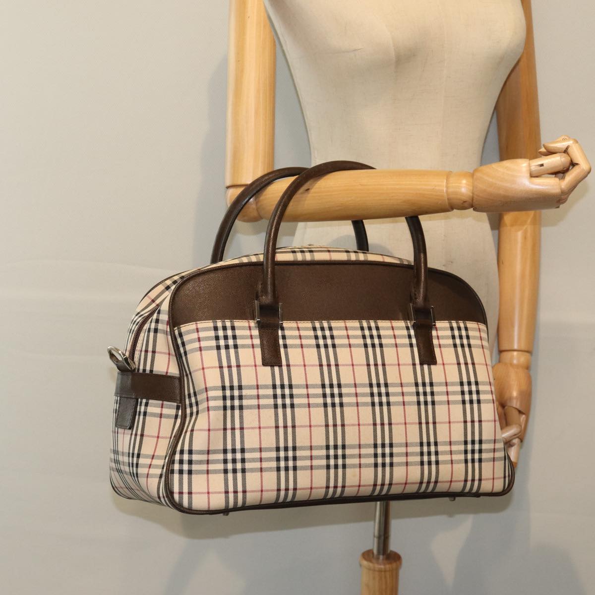 BURBERRY Nova Check Boston Bag Canvas Beige Auth 81664