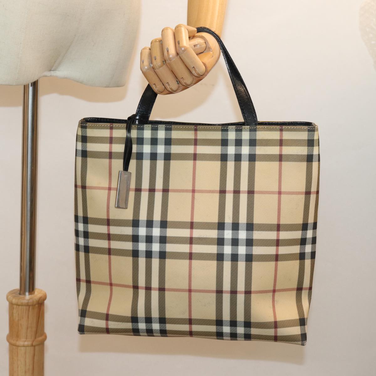 BURBERRY Nova Check Hand Bag PVC Leather Beige Auth 81673