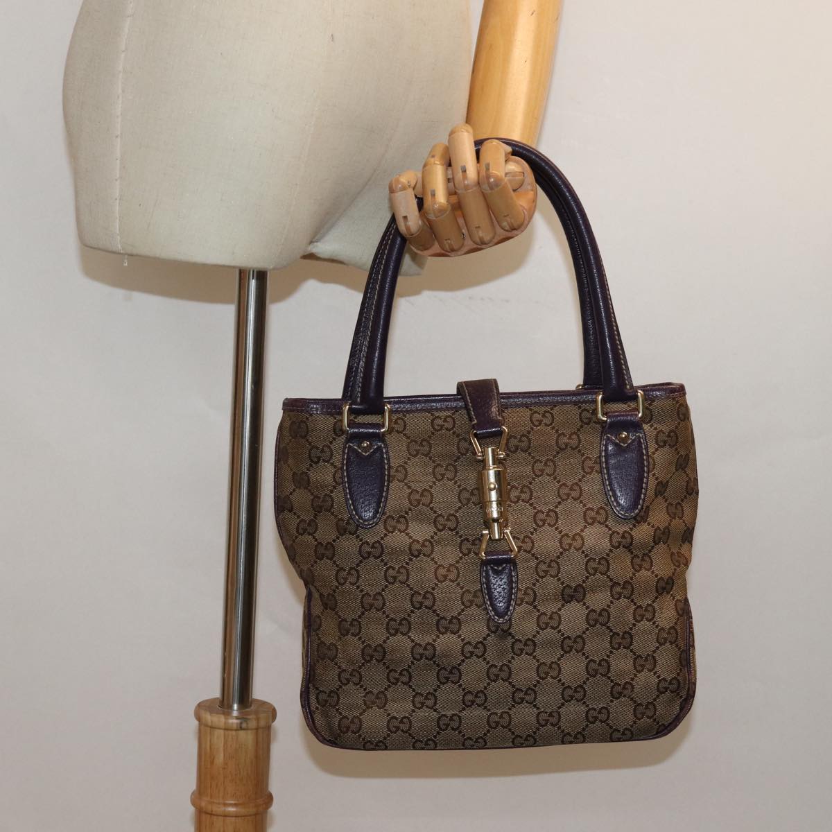 GUCCI New Jackie GG Canvas Hand Bag Beige 145817 Auth 81780