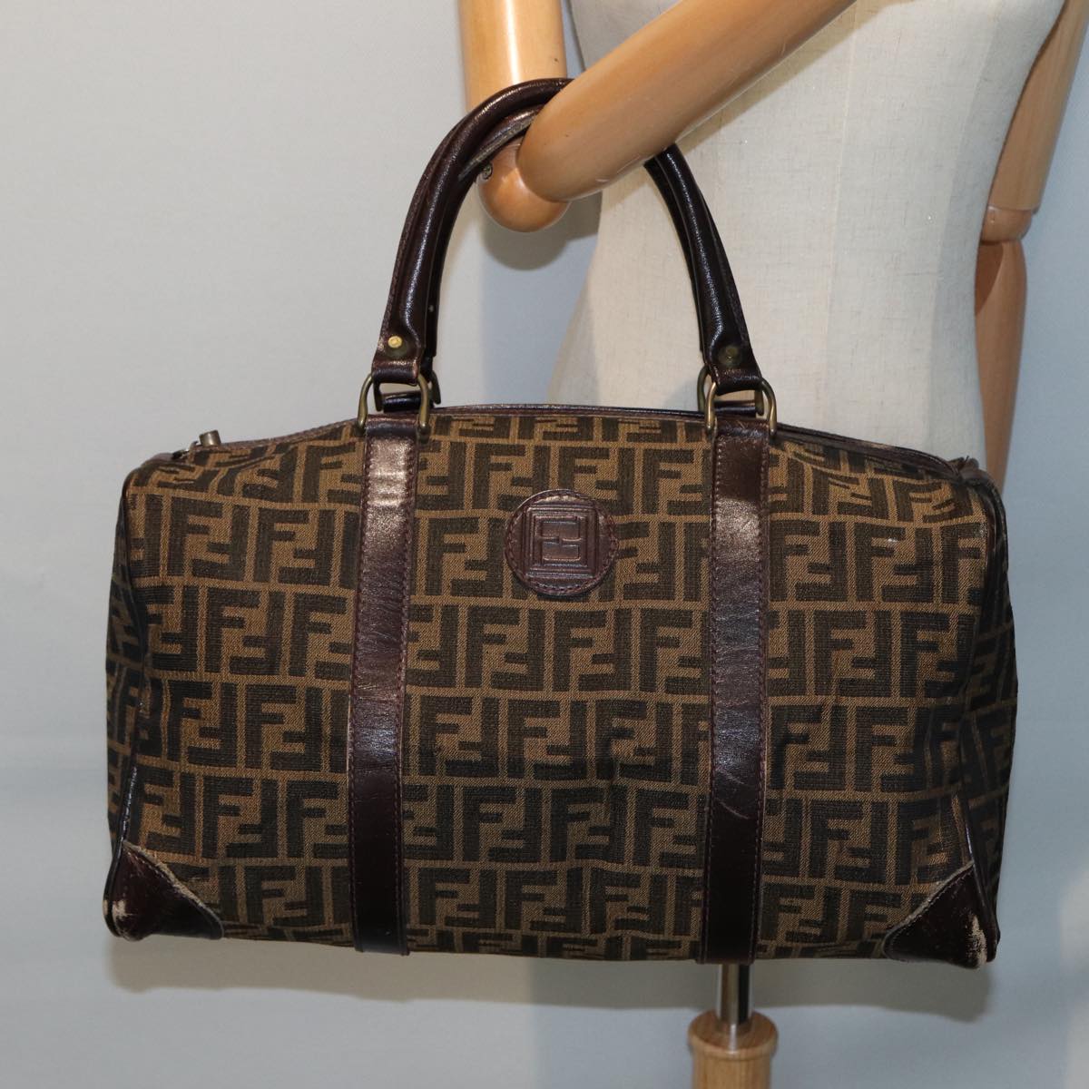 FENDI Zucca Canvas Boston Bag Brown Black Auth 81784